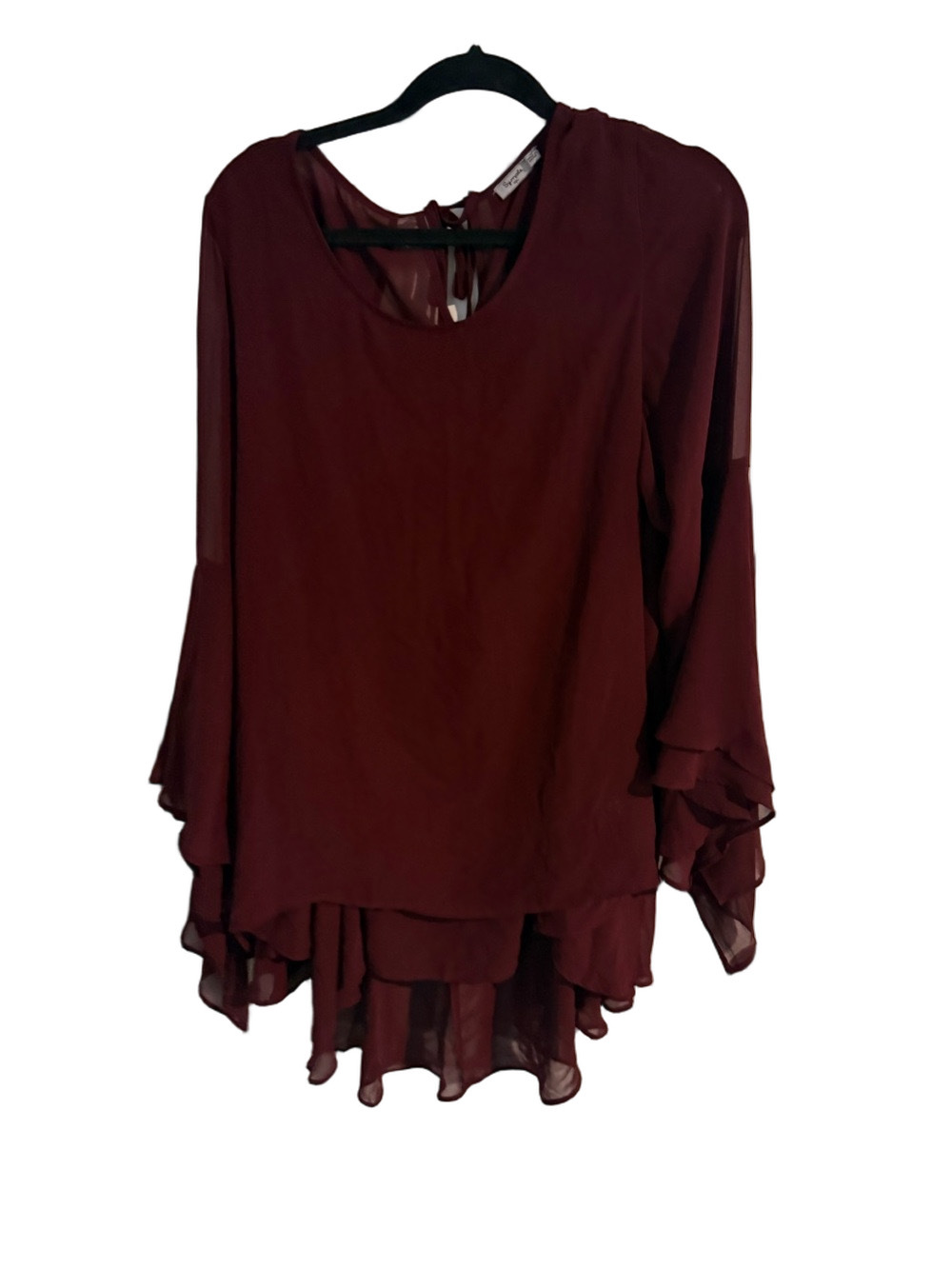 Symple NYC Burgundy Sheer Ruffle Bell Sleeve Blouse 1X
